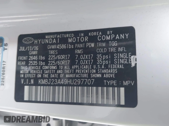 2017 Hyundai Tucson SE with VIN KM8J23A49HU297707, listed as a IAAI auction lot 41257353 with 164,687 mi miles. Bid and sale history available at carsss.com. Image 9.