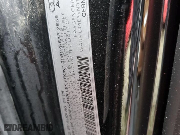 2005 Audi A8 L with VIN WAUML44E75N015513, listed as a Copart auction lot 66826664 with 0 mi miles and Salvage Title. Bid and sale history available at carsss.com. Image 12.