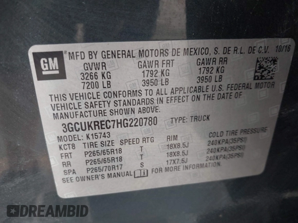 2017 Chevrolet Silverado 1500 LT with VIN 3GCUKREC7HG220780, listed as a IAAI auction lot 41978463 with 131,532 mi miles and . Bid and sale history available at DreamBid. Image 9.