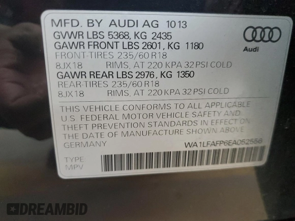 2014 Audi Q5 Premium Plus with VIN WA1LFAFP6EA052556, listed as a Copart auction lot 60723085 with 99,312 mi miles and Salvage title. Bid and sale history available at DreamBid. Image 13.