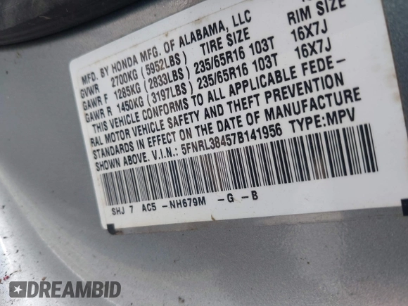 2007 Honda Odyssey EX with VIN 5FNRL38457B141956, listed as a IAAI auction lot 41818619 with 160,649 mi miles. Bid and sale history available at carsss.com. Image 9.