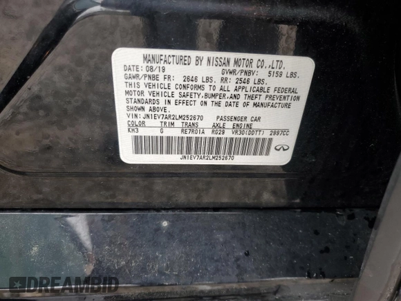 2020 Infiniti Q50 Luxe z VIN JN1EV7AR2LM252670, wystawiony jako Copart lot #45817375 z przebiegiem 69 305 mil mil oraz Szkoda całkowita • Salvage title. Historia ofert i sprzedaży dostępna na DreamBid. Obrazek 14.