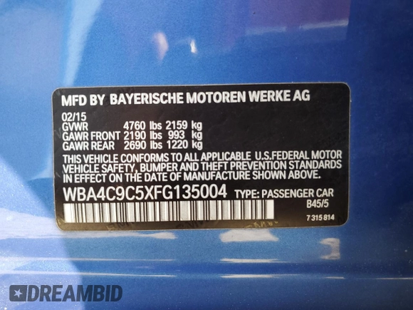 2015 BMW 4 Series 428i xDrive with VIN WBA4C9C5XFG135004, listed as a Copart auction lot 60551714 with 209,083 mi miles and Salvage Title. Bid and sale history available at DreamBid. Image 12.