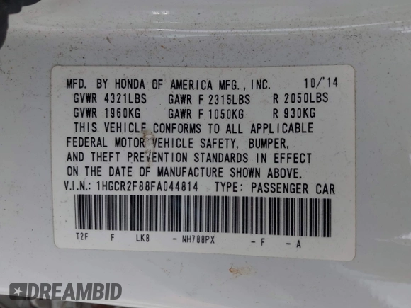 2015 Honda Accord EX-L с VIN 1HGCR2F88FA044814, выставлен на аукционе IAAI как лот 42486552 с пробегом 178 053 миль миль и . История ставок и продаж доступна на DreamBid. Изображение 9.