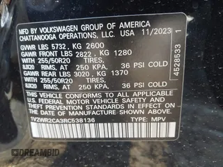 2024 Volkswagen Atlas SE with VIN 1V2WR2CA3RC538136, listed as a IAAI auction lot 42209115 with 23,660 mi miles and . Bid and sale history available at DreamBid. Image 9.