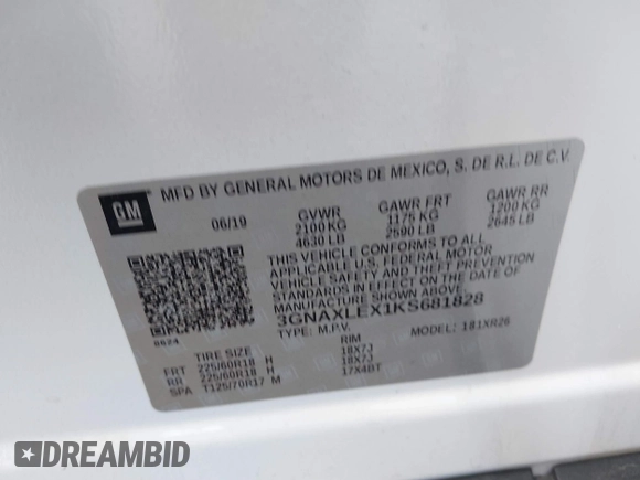 2019 Chevrolet Equinox LT with VIN 3GNAXLEX1KS681828, listed as a IAAI auction lot 41728085 with 72,512 mi miles and . Bid and sale history available at DreamBid. Image 9.