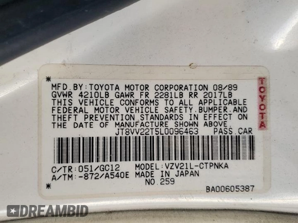 1990 Lexus ES z VIN JT8VV22T5L0096463, wystawiony jako Copart lot #70032254 z przebiegiem 127 414 mil mil oraz Szkoda całkowita • Salvage title. Historia ofert i sprzedaży dostępna na DreamBid. Obrazek 12.