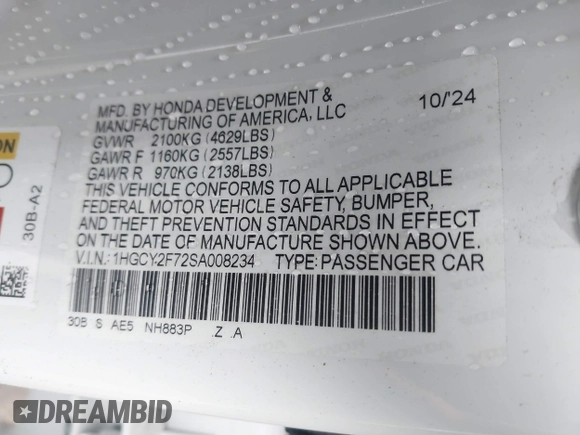 2025 Honda Accord Sport-L with VIN 1HGCY2F72SA008234, listed as a IAAI auction lot 41727980 with Not provided miles and . Bid and sale history available at DreamBid. Image 9.