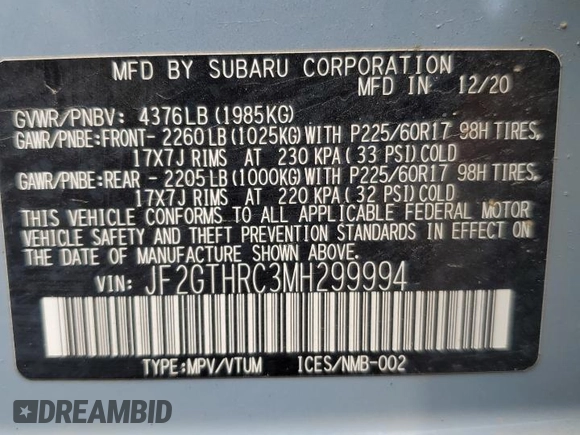 2021 Subaru Crosstrek Special Sports с VIN JF2GTHRC3MH299994, выставлен на аукционе Copart как лот 57908515 с пробегом 59 936 миль миль и Списание • Salvage title. История ставок и продаж доступна на DreamBid. Изображение 13.