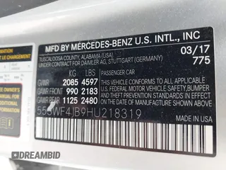 2017 Mercedes-Benz C 300 with VIN 55SWF4JB9HU218319, listed as a IAAI auction lot 41783169 with 90,949 mi miles and . Bid and sale history available at DreamBid. Image 9.