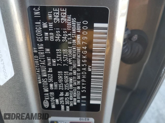 2019 Kia Sorento EX V6 with VIN 5XYPHDA56KG479000, listed as a Copart auction lot 42821185 with 69,286 mi miles and Salvage Title. Bid and sale history available at carsss.com. Image 15.