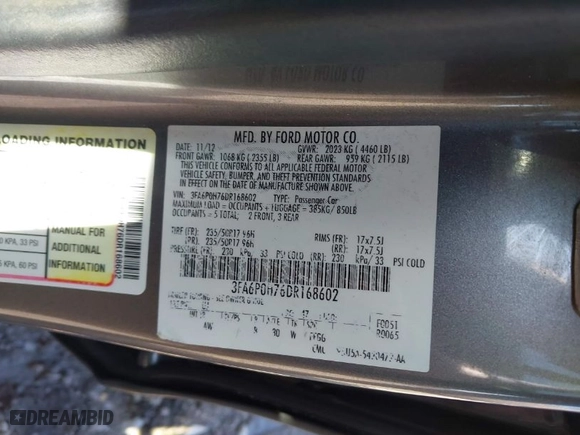 2013 Ford Fusion SE with VIN 3FA6P0H76DR168602, listed as a IAAI auction lot 41917680 with 78,778 mi miles. Bid and sale history available at carsss.com. Image 9.
