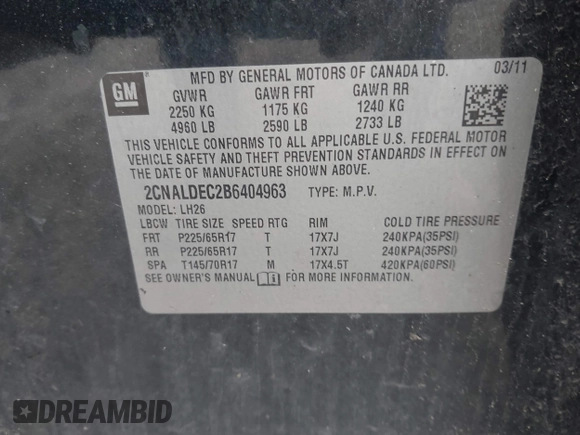 2011 Chevrolet Equinox LT w/1LT with VIN 2CNALDEC2B6404963, listed as a IAAI auction lot 42048578 with 109,486 mi miles. Bid and sale history available at carsss.com. Image 9.