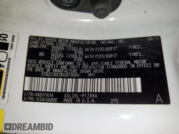 2017 Toyota Sienna L with VIN 5TDZZ3DC9HS879994, listed as a Copart auction lot 41584485 with 123,087 mi miles and Salvage Title. Bid and sale history available at DreamBid. Image 13.