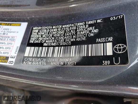 2018 Toyota C-HR XLE z VIN NMTKHMBX7JR004515, wystawiony jako Copart lot #57106385 z przebiegiem Nie podano mil oraz Szkoda całkowita • Salvage title. Historia ofert i sprzedaży dostępna na DreamBid. Obrazek 13.