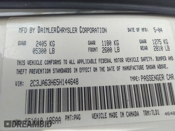 2005 Chrysler 300 with VIN 2C3JA63H65H144648, listed as a IAAI auction lot 41762730 with 125,757 mi miles. Bid and sale history available at carsss.com. Image 9.