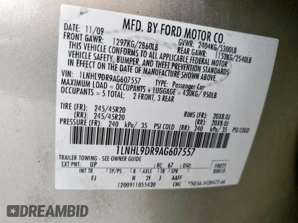 2010 Lincoln MKS with VIN 1LNHL9DR9AG607557, listed as a Copart auction lot 53779785 with 190,249 mi miles and Salvage Title. Bid and sale history available at DreamBid. Image 13.