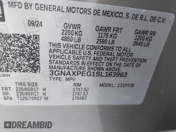 2025 Chevrolet Equinox AWD LT with VIN 3GNAXPEG1SL163963, listed as a IAAI auction lot 42329535 with 3,904 mi miles and . Bid and sale history available at DreamBid. Image 9.