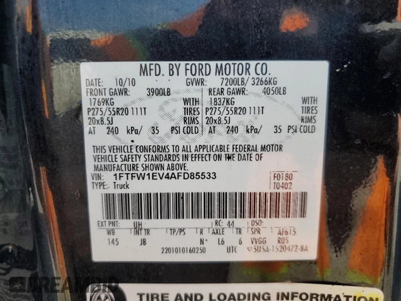 2010 Ford F-150 XL with VIN 1FTFW1EV4AFD85533, listed as a Copart auction lot 53911015 with 152,980 mi miles and Clean title. Bid and sale history available at DreamBid. Image 12.
