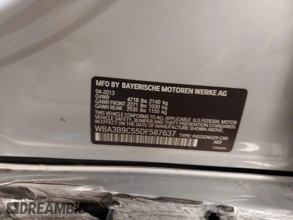 2013 BMW 3 Series 335i xDrive with VIN WBA3B9C55DF587637, listed as a IAAI auction lot 42538708 with 131,730 mi miles and . Bid and sale history available at DreamBid. Image 9.