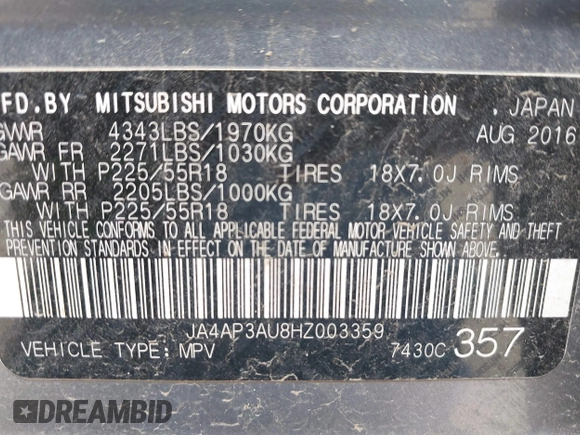 2017 Mitsubishi Outlander ES z VIN JA4AP3AU8HZ003359, wystawiony jako IAAI lot #42386328 z przebiegiem 204 839 mil mil oraz . Historia ofert i sprzedaży dostępna na DreamBid. Obrazek 9.