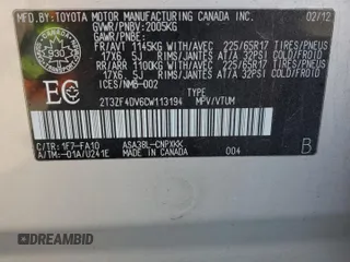 2012 Toyota RAV4 with VIN 2T3ZF4DV6CW113194, listed as a Copart auction lot 52086515 with 208,693 mi miles and Salvage Title. Bid and sale history available at carsss.com. Image 13.