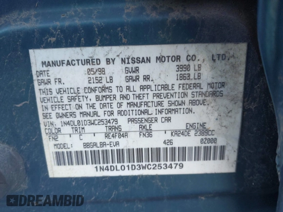 1998 Nissan Altima XE with VIN 1N4DL01D3WC253479, listed as a IAAI auction lot 41766827 with 145,441 mi miles. Bid and sale history available at carsss.com. Image 9.