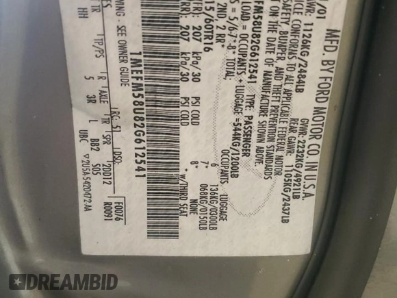 2002 Mercury Sable with VIN 1MEFM58U82G612541, listed as a Copart auction lot 60254405 with 171,854 mi miles and Salvage title. Bid and sale history available at DreamBid. Image 12.