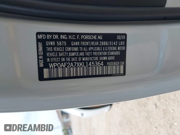 2019 Porsche Panamera Turbo with VIN WP0AF2A7XKL145364, listed as a IAAI auction lot 42206095 with 65,454 mi miles and . Bid and sale history available at DreamBid. Image 9.