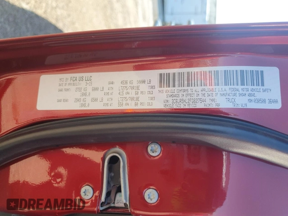 2015 Ram 2500 Laramie with VIN 3C6UR5NL2FG627544, listed as a Copart auction lot 61607835 with 53,253 mi miles and Salvage title. Bid and sale history available at DreamBid. Image 12.