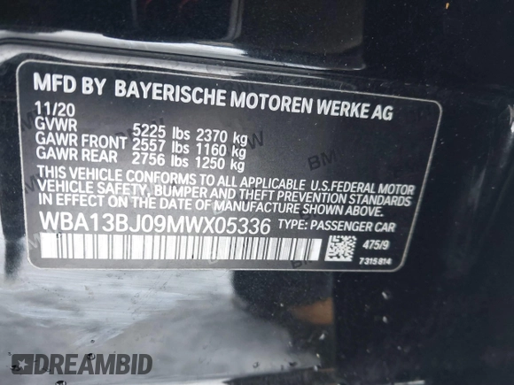 2021 BMW 5 Series 530i xDrive with VIN WBA13BJ09MWX05336, listed as a IAAI auction lot 41349089 with 35,085 mi miles and . Bid and sale history available at DreamBid. Image 9.
