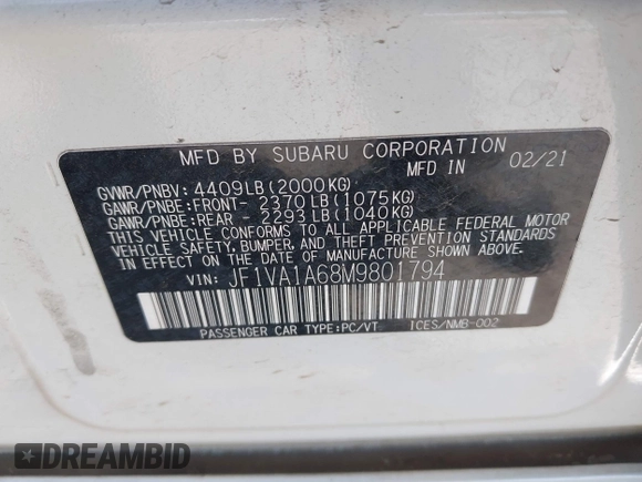 2021 Subaru WRX z VIN JF1VA1A68M9801794, wystawiony jako IAAI lot #42421444 z przebiegiem 100 920 mil mil oraz . Historia ofert i sprzedaży dostępna na DreamBid. Obrazek 9.