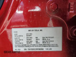 2024 Tesla Model Y Long Range с VIN 7SAYGDEE2RF988958, выставлен на аукционе Copart как лот 58066795 с пробегом 26 356 миль миль и Списание • Salvage title. История ставок и продаж доступна на DreamBid. Изображение 13.