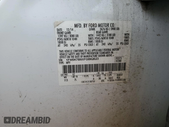 2015 Ford Explorer с VIN 1FM5K7B9XFGB62623, выставлен на аукционе Copart как лот 78107254 с пробегом 190 012 миль миль и Списание • Salvage title. История ставок и продаж доступна на DreamBid. Изображение 15.