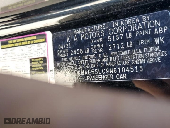 2022 Kia Stinger GT2 with VIN KNAE55LC9N6104515, listed as a Copart auction lot 83811534 with 35,042 mi miles and Salvage Title. Bid and sale history available at DreamBid. Image 12.