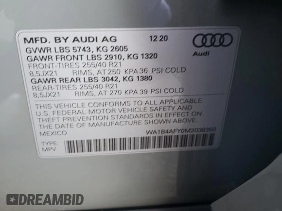 2021 Audi SQ5 Premium Plus with VIN WA1B4AFY0M2038350, listed as a Copart auction lot 70038294 with 31,724 mi miles and Salvage Title. Bid and sale history available at DreamBid. Image 12.