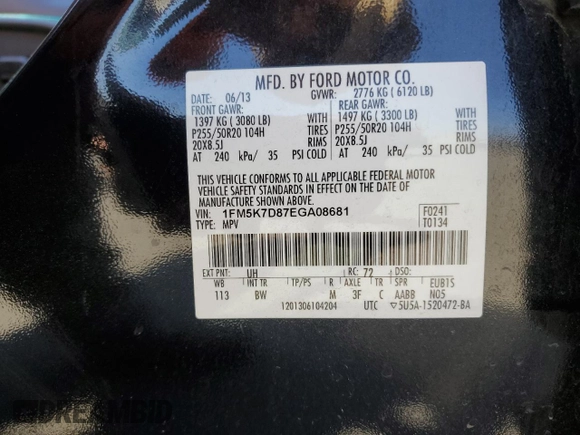 2014 Ford Explorer XLT with VIN 1FM5K7D87EGA08681, listed as a Copart auction lot 57788775 with 103,607 mi miles and Salvage title. Bid and sale history available at DreamBid. Image 13.