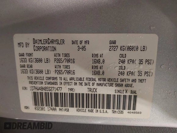 2005 Dodge Dakota SLT with VIN 1D7HW48N85S271477, listed as a IAAI auction lot 42096429 with 170,055 mi miles and . Bid and sale history available at DreamBid. Image 9.