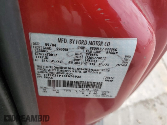 2005 Ford F-250 XL with VIN 1FTSX21P15EA76932, listed as a Copart auction lot 52053355 with 134,955 mi miles and Salvage title. Bid and sale history available at DreamBid. Image 12.