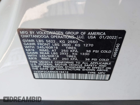 2022 Volkswagen Atlas SE with VIN 1V2DP2CA6NC519412, listed as a IAAI auction lot 41841582 with 41,600 mi miles and . Bid and sale history available at DreamBid. Image 9.