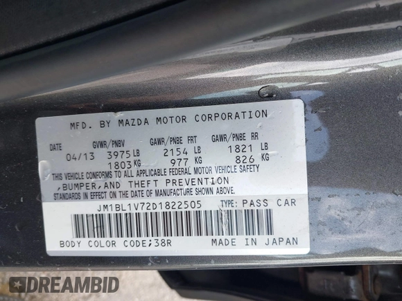 2013 Mazda 3 i Touring z VIN JM1BL1V72D1822505, wystawiony jako IAAI lot #42199595 z przebiegiem 103 560 mil mil oraz . Historia ofert i sprzedaży dostępna na DreamBid. Obrazek 9.