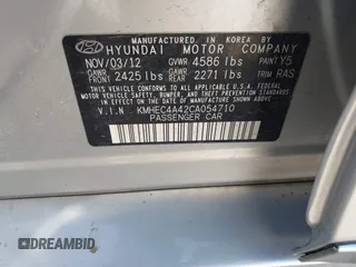2012 Hyundai Sonata Hybrid z VIN KMHEC4A42CA054710, wystawiony jako IAAI lot #41871775 z przebiegiem Nie podano mil oraz . Historia ofert i sprzedaży dostępna na DreamBid. Obrazek 9.