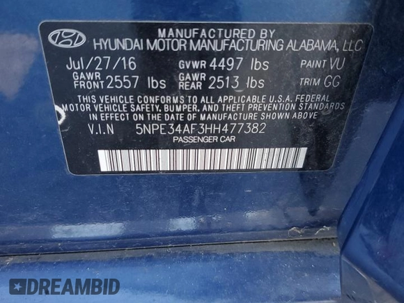 2017 Hyundai Sonata Sport with VIN 5NPE34AF3HH477382, listed as a Copart auction lot 54275955 with 91,930 mi miles and Clean Title. Bid and sale history available at carsss.com. Image 12.