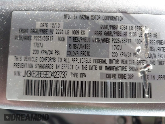 2014 Mazda CX-5 Sport with VIN JM3KE2BE9E0423737, listed as a IAAI auction lot 42222646 with 116,160 mi miles and . Bid and sale history available at DreamBid. Image 9.