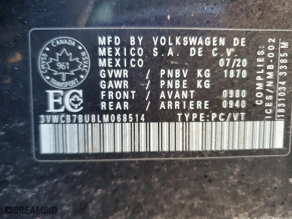 2020 Volkswagen Jetta S with VIN 3VWCB7BU8LM068514, listed as a Copart auction lot 48482665 with 0 mi miles and Salvage Title. Bid and sale history available at carsss.com. Image 13.