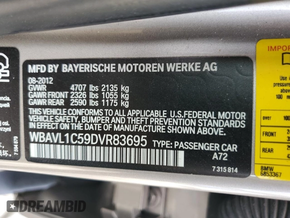2013 BMW X1 xDrive28i z VIN WBAVL1C59DVR83695, wystawiony jako Copart lot #53530785 z przebiegiem Nie podano mil oraz Czysty tytuł • Clean title. Historia ofert i sprzedaży dostępna na DreamBid. Obrazek 13.