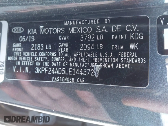 2020 Kia Forte LXS with VIN 3KPF24AD5LE144572, listed as a IAAI auction lot 41769528 with 60,516 mi miles. Bid and sale history available at carsss.com. Image 9.