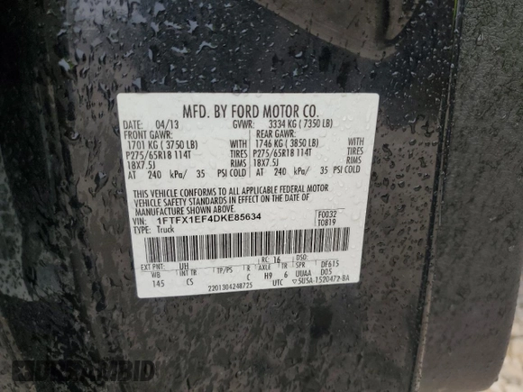 2013 Ford F-150 XL with VIN 1FTFX1EF4DKE85634, listed as a Copart auction lot 50848295 with 245,192 mi miles and Salvage Title. Bid and sale history available at carsss.com. Image 14.