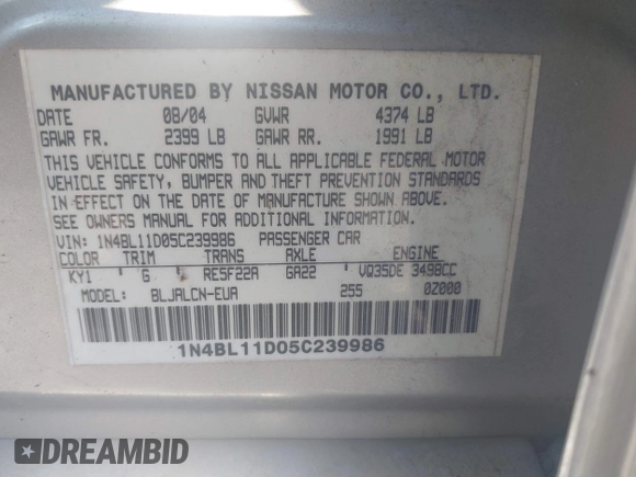 2005 Nissan Altima 3.5 SE with VIN 1N4BL11D05C239986, listed as a IAAI auction lot 41866344 with 212,087 mi miles. Bid and sale history available at carsss.com. Image 9.