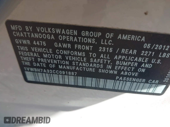 2012 Volkswagen Passat SE with VIN 1VWBH7A32CC091887, listed as a IAAI auction lot 41996295 with 163,011 mi miles. Bid and sale history available at carsss.com. Image 9.